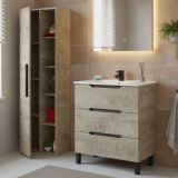 Set Mobili Bagno Marrone Quercia 3 Cassetti 7 Ripiani, Un'anta - Laterza