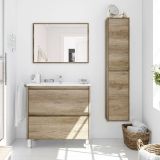 Set Mobili Bagno Marrone Quercia Specchio Incluso 2 Cassetti, 2 Ripiani - Moncalvo