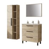 Set Mobili Bagno Marrone Quercia Specchio Incluso 3 Cassetti, 7 Ripiani - Rosate