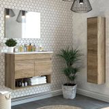 Set Mobili Bagno Marrone Quercia Specchio Incluso 4 Ripiani, 4 Ante - Sassola