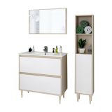 Set Mobili Bagno Marrone Rovere Bianco Lucido Specchio Incluso 2 Cassetti, 2 Ripiani - Renon