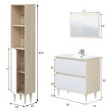 Set Mobili Bagno Marrone Rovere Bianco Lucido Specchio Incluso 2 Cassetti, 2 Ripiani - Renon