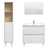 Set Mobili Bagno Marrone Rovere Bianco Lucido Specchio Incluso 2 Cassetti, 2 Ripiani - Renon