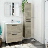 Set Mobili Bagno Marrone Rovere Specchio Incluso 2 Cassetti, 2 Ripiani - Martesana