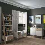 Set Mobili da Soggiorno Bianco Marrone Quercia 10 Ripiani 4 Cassetti, 2 Ante - Apiro