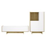 Set Mobili da Soggiorno Bianco Marrone Rovere Nodi Cassetti Modulabile, 5 Ripiani - Walla