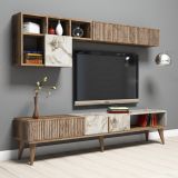 Set Mobili da Soggiorno Marrone Noce Bianco Marmo Modulabile 9 Ripiani, 2 Ante - Ollomont