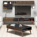 Set Mobili da Soggiorno Marrone Noce Nero Marmo Modulabile 9 Ripiani, 2 Ante - Ollomont