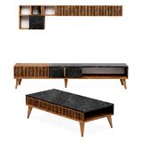 Set Mobili da Soggiorno Marrone Noce Nero Marmo Modulabile 9 Ripiani, 2 Ante - Ollomont