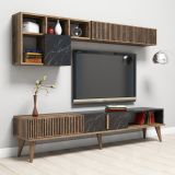 Set Mobili da Soggiorno Marrone Noce Nero Marmo Modulabile 9 Ripiani, 2 Ante - Ollomont