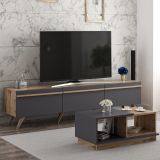 Set Mobili da Soggiorno Nero Antracite Marrone Noce Modulabile 2 Ripiani, 3 Ante - Lerici
