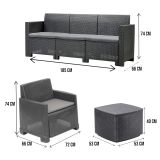 Set salotto da esterno Alassio, Set da giardino con 2 poltrone, 1 divano e 1 tavolino contenitore, Effetto rattan con cuscini, 100% Made in Italy, Antracite