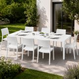 Set Salotto da Esterno Bianco 8 Posti Tavolo Tavolo Allungabile, Finitura Effetto Doghe Made in Italy - Masibanno