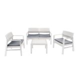 Set salotto da esterno Carpi, Set da giardino con 2 poltrone, 1 divano ed 1 tavolino, Salottino effetto rattan con cuscini, 100% Made in Italy, Bianco