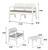 Set salotto da esterno Carpi, Set da giardino con 2 poltrone, 1 divano ed 1 tavolino, Salottino effetto rattan con cuscini, 100% Made in Italy, Bianco