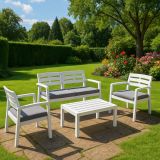 Set salotto da esterno Massa, Set da giardino con 2 poltrone, 1 divano ed 1 tavolino, Salottino indoor e outdoor con cuscini, 100% Made in Italy, Bianco