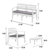 Set salotto da esterno Massa, Set da giardino con 2 poltrone, 1 divano ed 1 tavolino, Salottino indoor e outdoor con cuscini, 100% Made in Italy, Bianco
