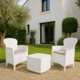 Set salotto da esterno Napoli, Set da giardino con 2 poltrone ed 1 tavolino contenitore, Salottino effetto rattan, 100% Made in Italy, Bianco
