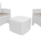 Set salotto da esterno Napoli, Set da giardino con 2 poltrone ed 1 tavolino contenitore, Salottino effetto rattan, 100% Made in Italy, Bianco