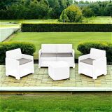 Set salotto da esterno Peschici, Set da giardino con 2 poltrone, 1 divano e 1 tavolino contenitore, Effetto rattan con cuscini, 100% Made in Italy, Bianco