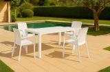 Set salotto da esterno Roccaraso, Salottino outdoor e indoor, Tavolo rettangolare fisso con 4 sedie impilabili, Made in Italy, Bianco