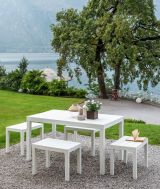 Set salotto da esterno Sanremo, Set da giardino con 1 tavolo rettangolare e 4 panchine, Set indoor e outdoor da Pic Nic, 100% Made in Italy, Bianco
