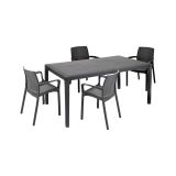 Set salotto da esterno Tarquinia, Salottino outdoor e indoor, Tavolo rettangolare fisso con 4 sedie impilabili, Made in Italy, Antracite