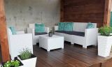 Set salotto da esterno Venus, Set da giardino con cuscini, Salottino indoor e outdoor effetto rattan, 100% Made in Italy, Bianco