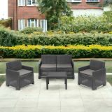 Set salotto da esterno Vieste, Set da giardino con 2 poltrone, 1 divano e 1 tavolino, Effetto rattan con cuscini, 100% Made in Italy, Antracite