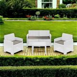 Set salotto da esterno Vieste, Set da giardino con 2 poltrone, 1 divano e 1 tavolino, Effetto rattan con cuscini, 100% Made in Italy, Bianco