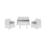 Set salotto da esterno Vieste, Set da giardino con 2 poltrone, 1 divano e 1 tavolino, Effetto rattan con cuscini, 100% Made in Italy, Bianco