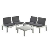 Set salotto da esterno Vigevano, Set da giardino con 4 sedute con schienale ed 1 modulo multifunzione, Salottino con cuscini, 100% Made in Italy, Bianco