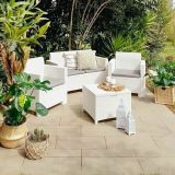 Set salotto esterno poltrone e divano con tavolino contenitore bianco - Gazania