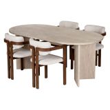 Set Tavolo e Sedie Beige Marmo Bianco 6 Posti Sedie Effetto Bouclè, Dimensione Seduta 54x54h76 cm - Noharoha