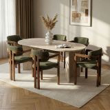 Set Tavolo e Sedie Beige Marmo Verde 6 Posti Sedie Effetto Bouclè, Dimensione Seduta 54x54h76 cm - Nohanoso