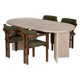 Set Tavolo e Sedie Beige Marmo Verde 6 Posti Sedie Effetto Bouclè, Dimensione Seduta 54x54h76 cm - Noharoha