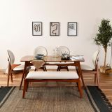 Set Tavolo e Sedie Marrone Noce Bianco Crema 6 Posti Dimensione Seduta Panca: 105x40h48 cm, Sedie: 54x44h90 cm, Dimensione Tavolo 160x78h75 cm