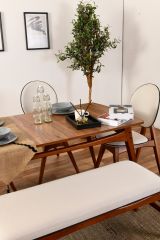 Set Tavolo e Sedie Marrone Noce Bianco Crema 6 Posti Dimensione Seduta Panca: 105x40h48 cm, Sedie: 54x44h90 cm, Dimensione Tavolo 160x78h75 cm