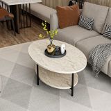 Tavolino da Salotto Beige Marmo Nero con Piedini un Vano 90x60x36h cm, Forma Ovale - Subiaco