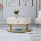 Tavolino da Salotto Bianco Crema oro un Cassetto Rivestimento in Tessuto Imbottito 75x75x36h cm, un Vano - Dalasida