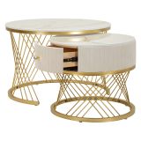 Tavolino da Salotto Bianco Crema oro un Cassetto Rivestimento in Tessuto Imbottito Modulabile 70x70x48h cm, un Vano - Davazate