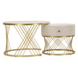 Tavolino da Salotto Bianco Crema oro un Cassetto Rivestimento in Tessuto Imbottito Modulabile 70x70x48h cm, un Vano - Davazate