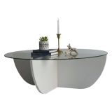 Tavolino da Salotto Bianco Forma Circolare Materiale Piano in Vetro 90x90x30h cm, Colore Ripiano Trasparente - Jolanda