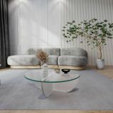 Tavolino da Salotto Bianco Forma Circolare Materiale Piano in Vetro 90x90x30h cm, Colore Ripiano Trasparente - Jolanda