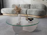 Tavolino da Salotto Bianco Forma Circolare Materiale Piano in Vetro 90x90x30h cm, Colore Ripiano Trasparente - Jolanda
