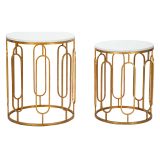 Tavolino da Salotto Bianco Marmo oro set da 2, Ripiano Effetto Marmo Forma Rotondo 46x46x55h cm, Colore Ripiano Bianco - Alexan