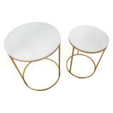 Tavolino da Salotto Bianco Marmo oro set da 2, Ripiano Effetto Marmo Forma Rotondo 52x52x63h cm, Colore Ripiano Bianco - Jomsom
