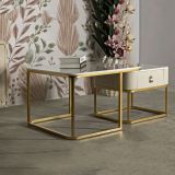 Tavolino da Salotto Bianco Marmo oro un Cassetto set da 2 Componibile 70x70x48h cm, Forma Quadrato - Davarere