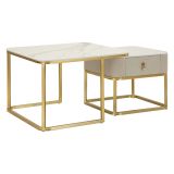 Tavolino da Salotto Bianco Marmo oro un Cassetto set da 2 Componibile 70x70x48h cm, Forma Quadrato - Davarere