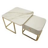 Tavolino da Salotto Bianco Marmo oro un Cassetto set da 2 Componibile 70x70x48h cm, Forma Quadrato - Davarere